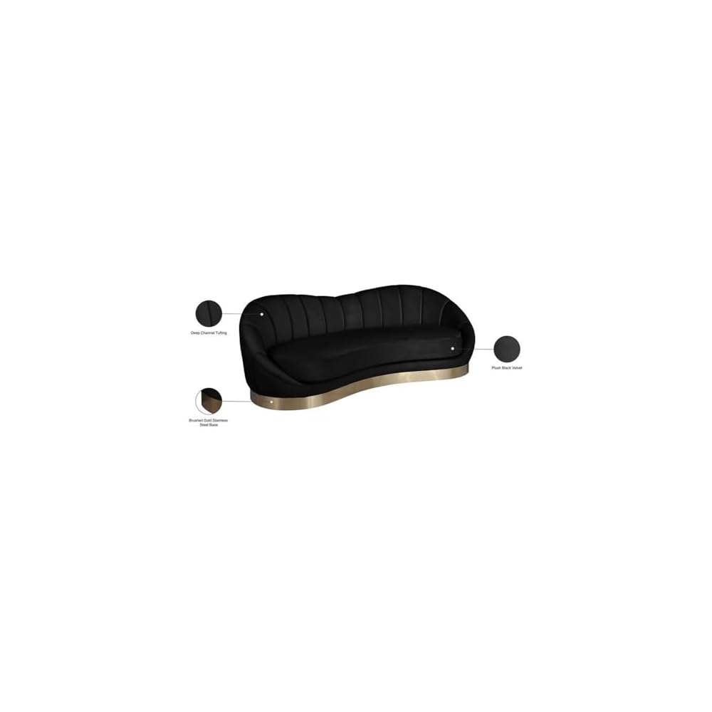 Bowery Hill Upholstered Sofa, Black Velvet with Brushed Gold Stainless Steel Base, 91.5"W x 40" D x 32"H, Unique Shell Shape, Contemporary Design, Comfortable Seating for Living Room or Lounge Spaces