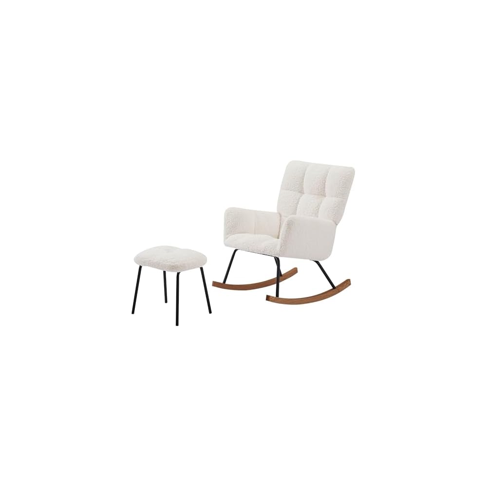 Modern Rocking Chair with High Backrest Armrests Ergonomic Design Lounge Recliner Chair for Living Room Bedroom Playroom Beige with Soft Seat