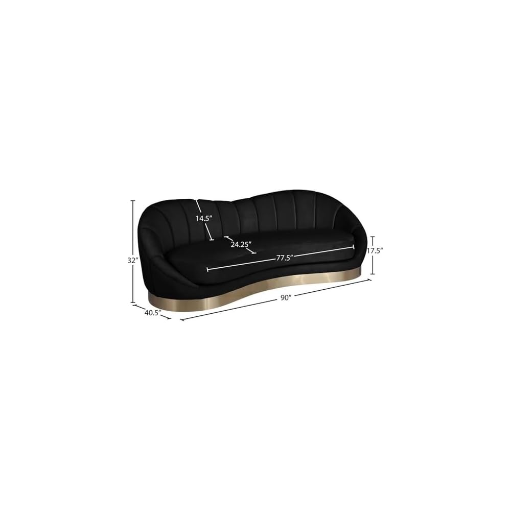 Bowery Hill Upholstered Sofa, Black Velvet with Brushed Gold Stainless Steel Base, 91.5"W x 40" D x 32"H, Unique Shell Shape, Contemporary Design, Comfortable Seating for Living Room or Lounge Spaces