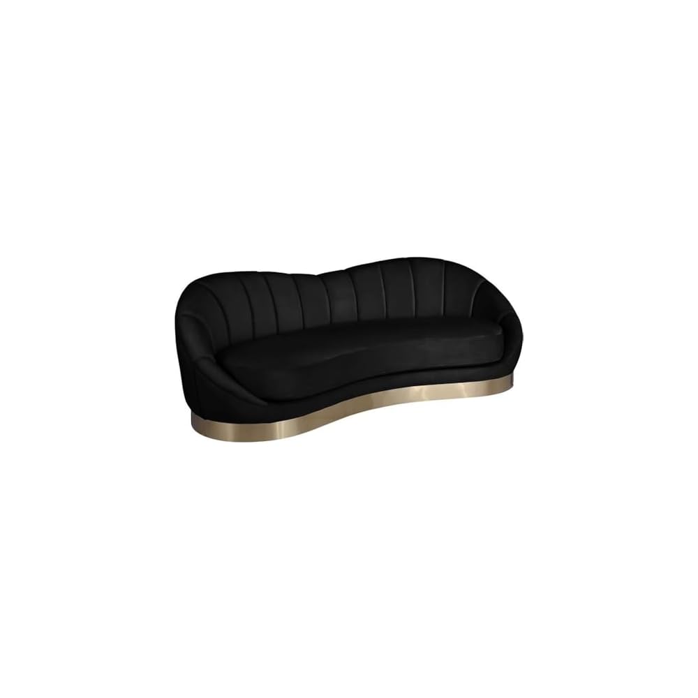 Bowery Hill Upholstered Sofa, Black Velvet with Brushed Gold Stainless Steel Base, 91.5"W x 40" D x 32"H, Unique Shell Shape, Contemporary Design, Comfortable Seating for Living Room or Lounge Spaces