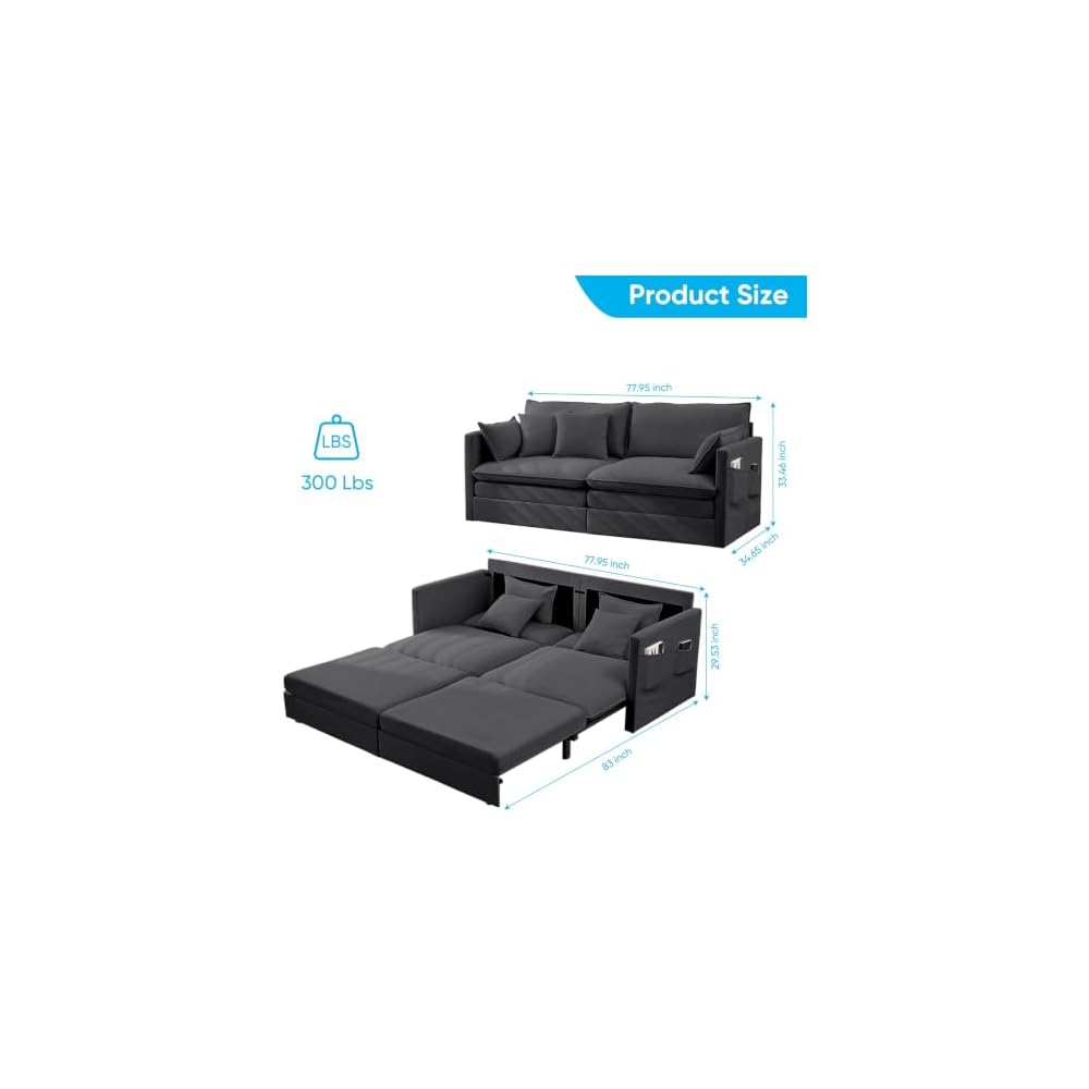 78" W Queen Size Pull Out Sleeper Sofa Bed Couch, 3 in 1 Convertible Sleeper Sofa Beds with Side Pocket, Loveseat Sleepers Pull Out Couch Beds for Living Room Apartment