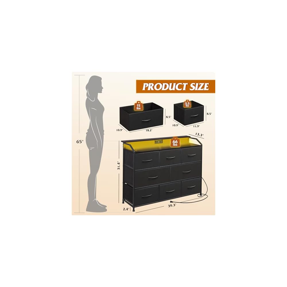 WLIVE Dresser for Bedroom, 8 Drawer LED Dresser with Outlet, Black