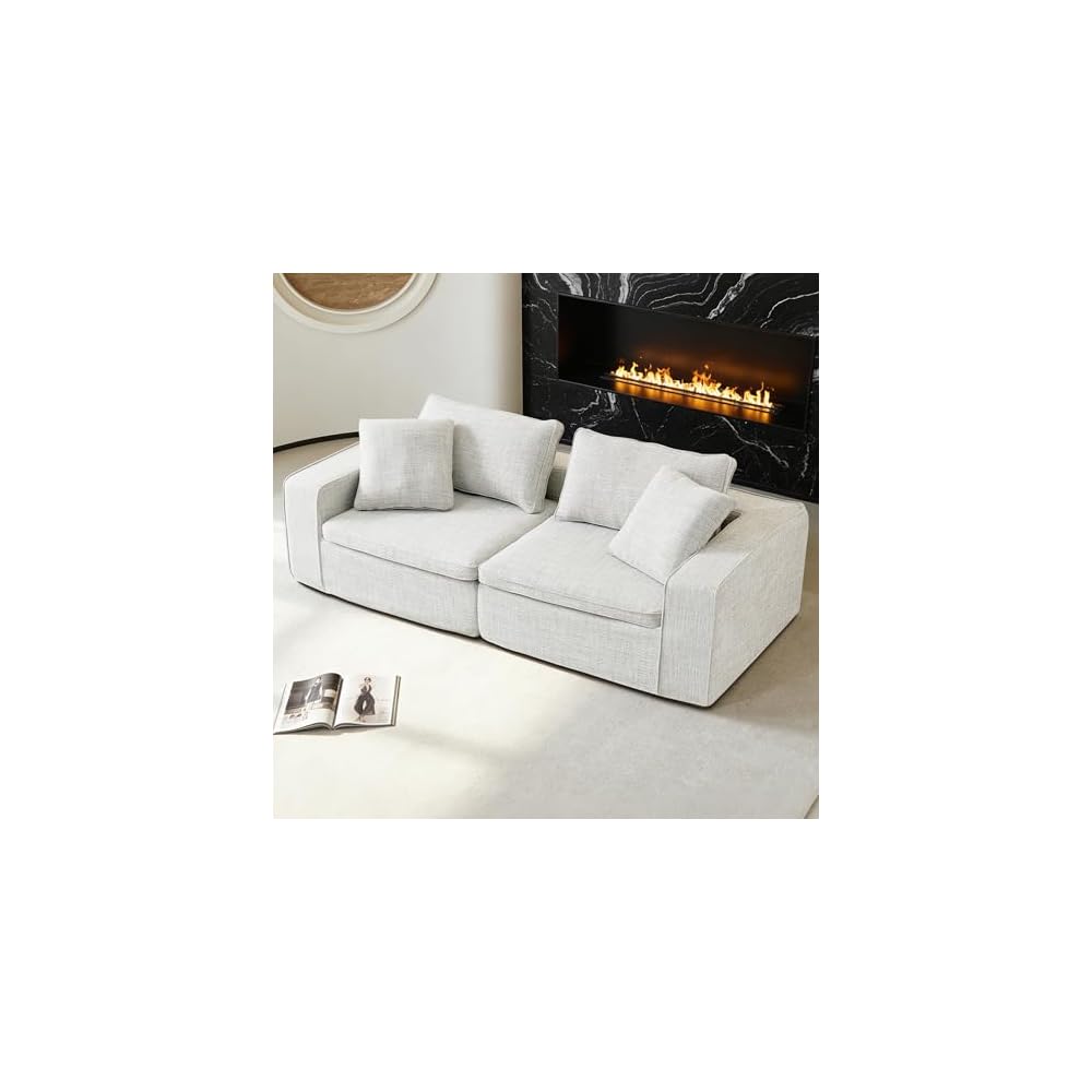 94" Cloud Modular Sofa, Oversized Sectional Couch with Washable Linen Fabric Covers,LoveSeat Deep Seat Sofa with Ottoman, Down Filled Convertible Furniture for Living Room (White, LoveSofa)