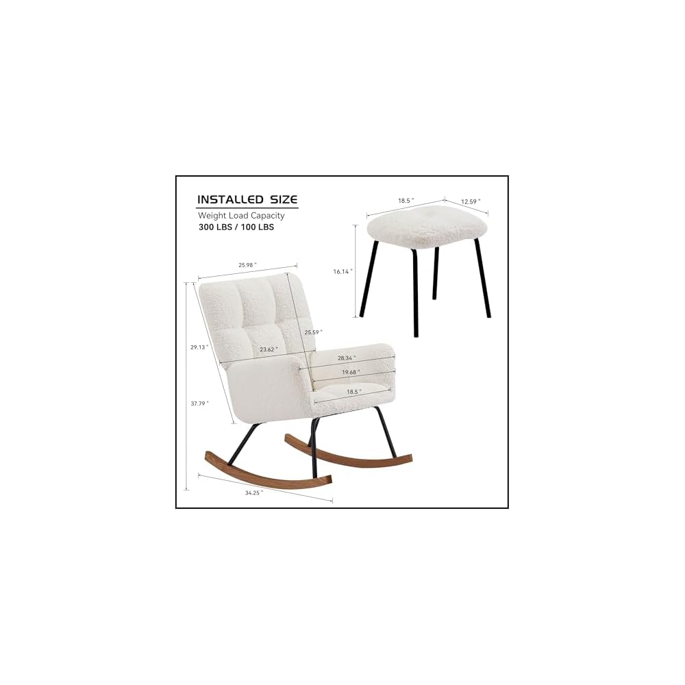 Modern Rocking Chair with High Backrest Armrests Ergonomic Design Lounge Recliner Chair for Living Room Bedroom Playroom Beige with Soft Seat