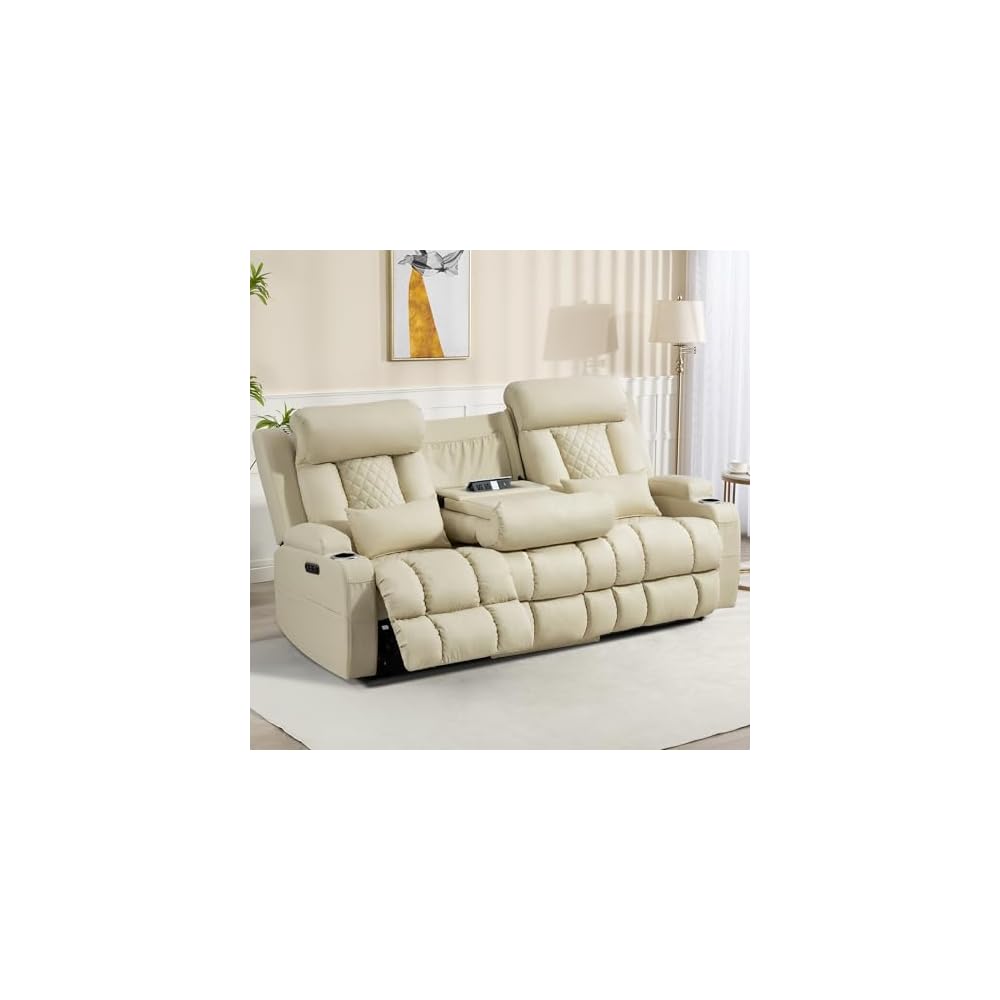 Zero Wall Hugger Power Reclining Sofa with Adjustable Headrest, Electric Reclining Couch with Drop-Down Table,Outlets, Power Loveseat Recliner Sofa for Living Room (PU Beige, 3 Seat)