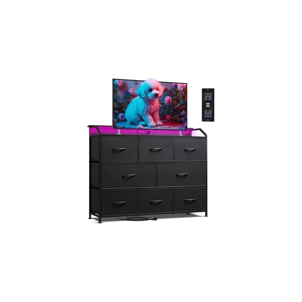 WLIVE Dresser for Bedroom, 8 Drawer LED Dresser with Outlet, Black