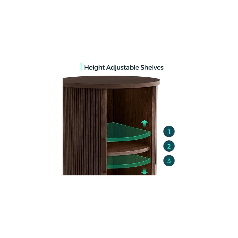 LINSY HOME Round Fluted End Table, Tall Side Table with Sliding Tambour Door and Storage Shelf, Modern Bedside Table, Mid-Century Nightstand for Living Room, Bedroom, Dark Walnut