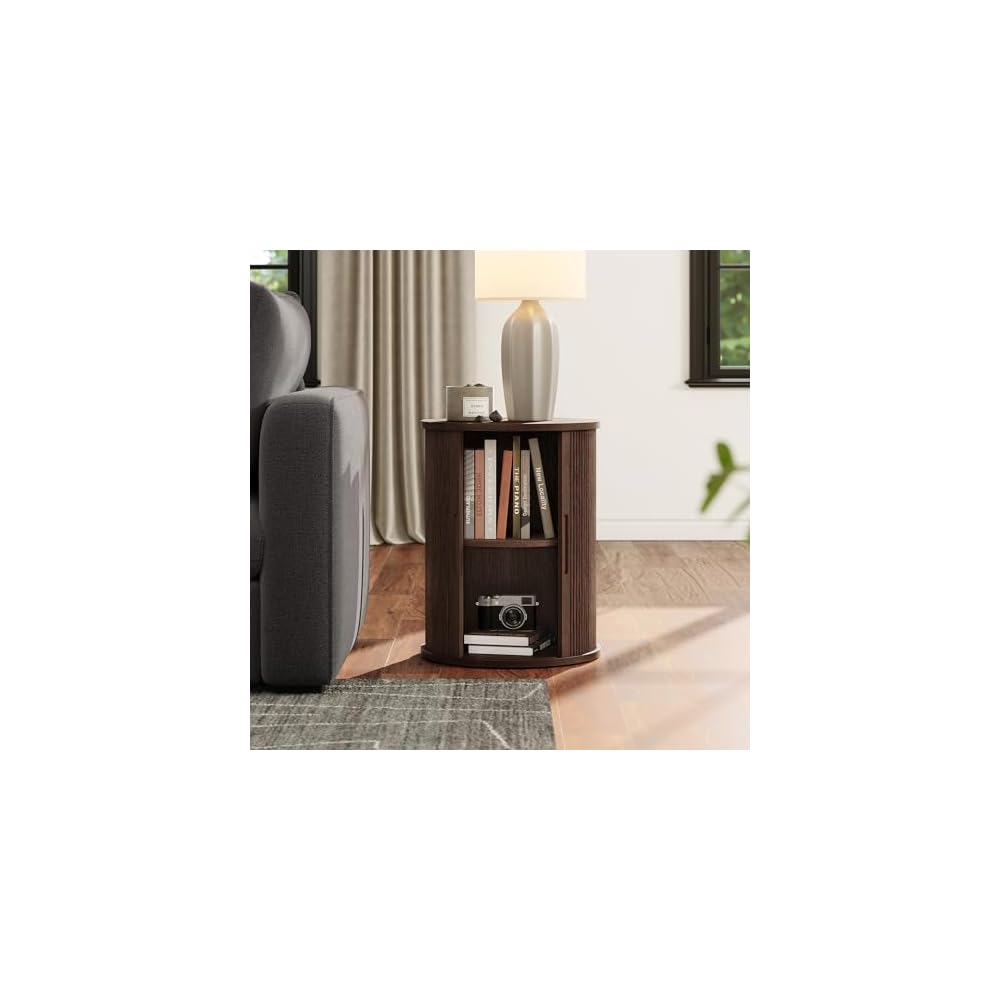 LINSY HOME Round Fluted End Table, Tall Side Table with Sliding Tambour Door and Storage Shelf, Modern Bedside Table, Mid-Century Nightstand for Living Room, Bedroom, Dark Walnut