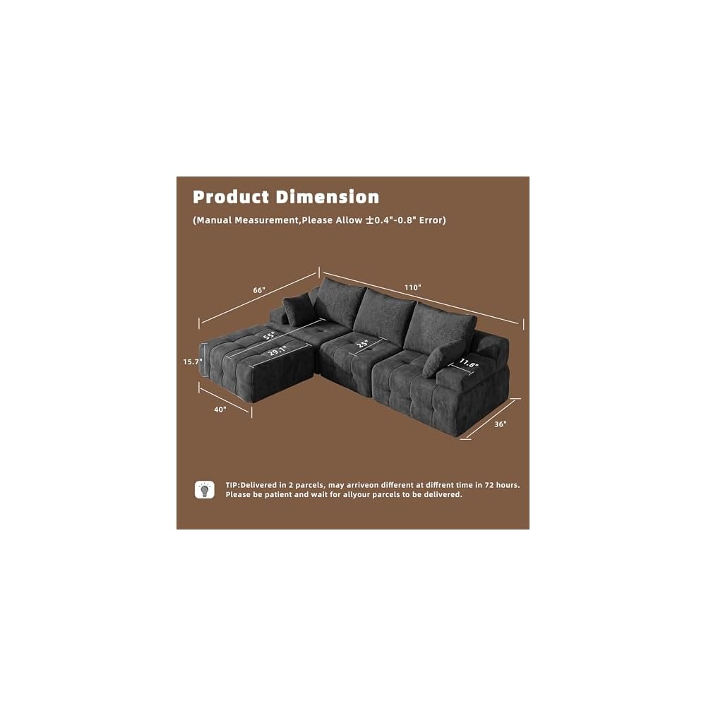 110" Cloud Sectional Couches for Living Room,Modern Convertible L-Shape Couch with Ottoman 3 Seater Chenille Fabric Comfy Cloud Couches with Movable Ottoman Black