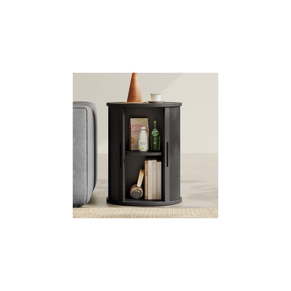 LINSY HOME Round Fluted End Table, Tall Side Table with Sliding Tambour Door and Storage Shelf, Modern Bedside Table, Mid-Century Nightstand for Living Room, Bedroom, Dark Walnut