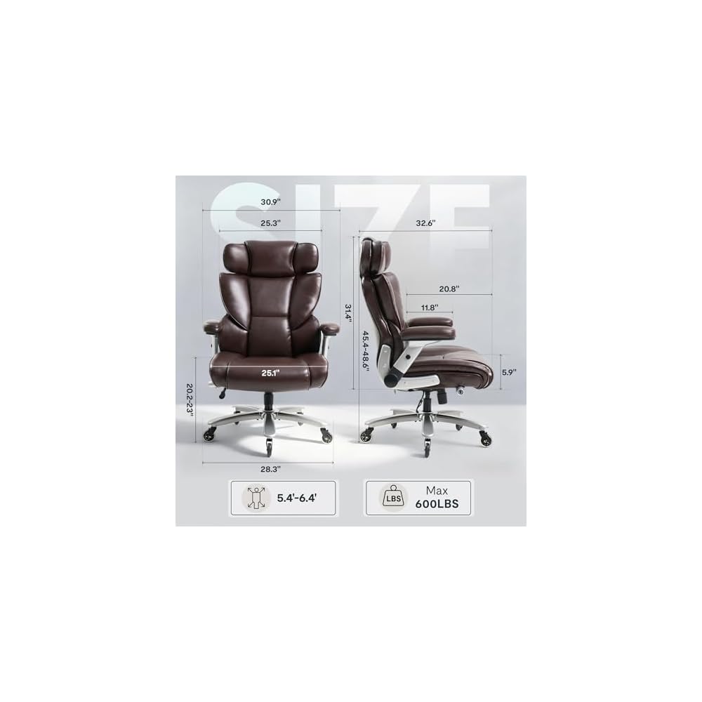 FLEXISPOT 600lbs Big and Tall Office Chair for Heavy People, Heavy Duty Computer Desk Chair with Lumbar Support 2D Armrest Blade Wheels, Chairs for Home Office Gaming Working, PU Leather, Brown