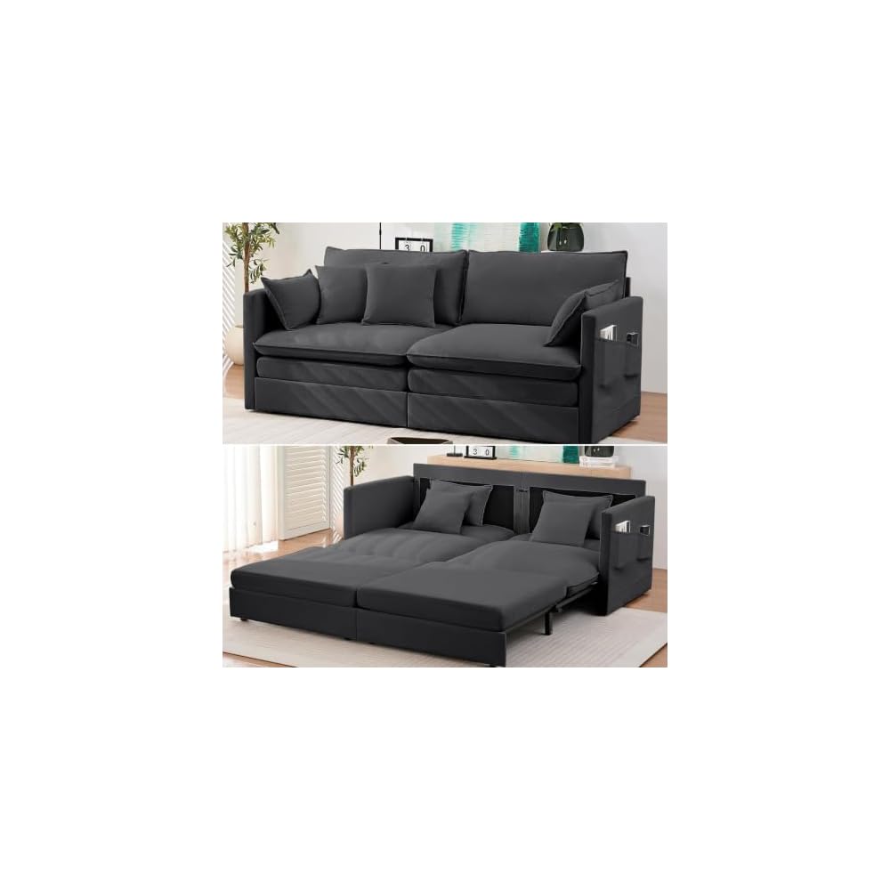 78" W Queen Size Pull Out Sleeper Sofa Bed Couch, 3 in 1 Convertible Sleeper Sofa Beds with Side Pocket, Loveseat Sleepers Pull Out Couch Beds for Living Room Apartment