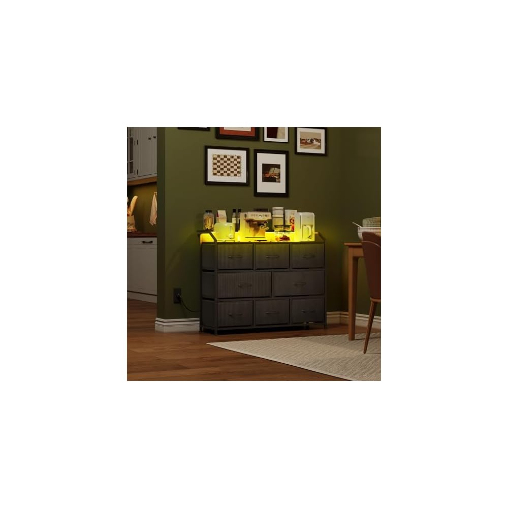 WLIVE Dresser for Bedroom, 8 Drawer LED Dresser with Outlet, Black