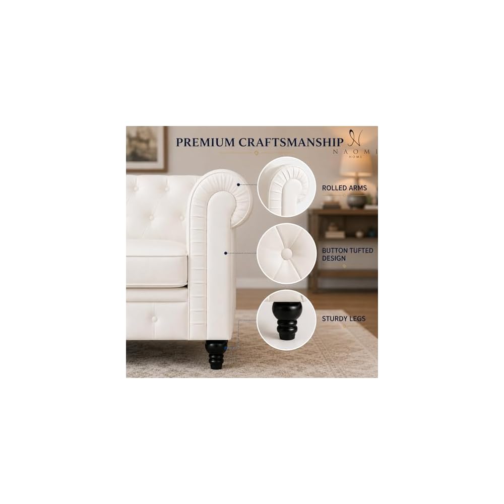 Naomi Home Emery Chesterfield Faux Leather Loveseat, White