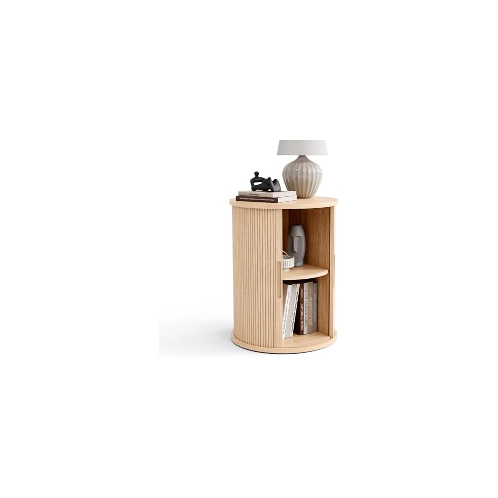 LINSY HOME Round Fluted End Table, Tall Side Table with Sliding Tambour Door and Storage Shelf, Modern Bedside Table, Mid-Century Nightstand for Living Room, Bedroom, Dark Walnut