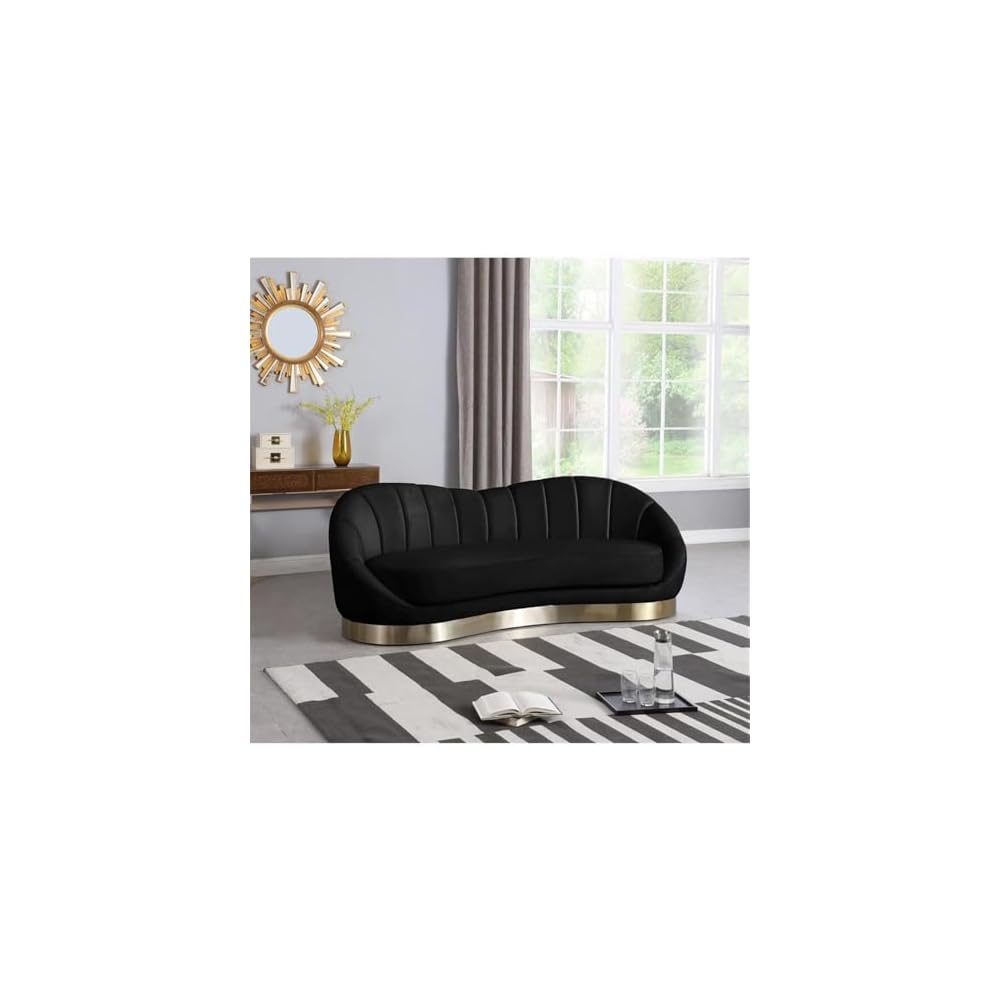 Bowery Hill Upholstered Sofa, Black Velvet with Brushed Gold Stainless Steel Base, 91.5"W x 40" D x 32"H, Unique Shell Shape, Contemporary Design, Comfortable Seating for Living Room or Lounge Spaces