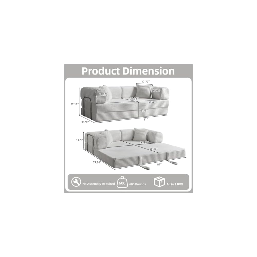 Convertible Folding Sofa Bed,Fold Out Floor Sofa Couch with Fixed-Shape Frame,Corduroy Foldable Mattress Cloud Couch for Living Room Bedroom (Light Gray, 81 Inch)