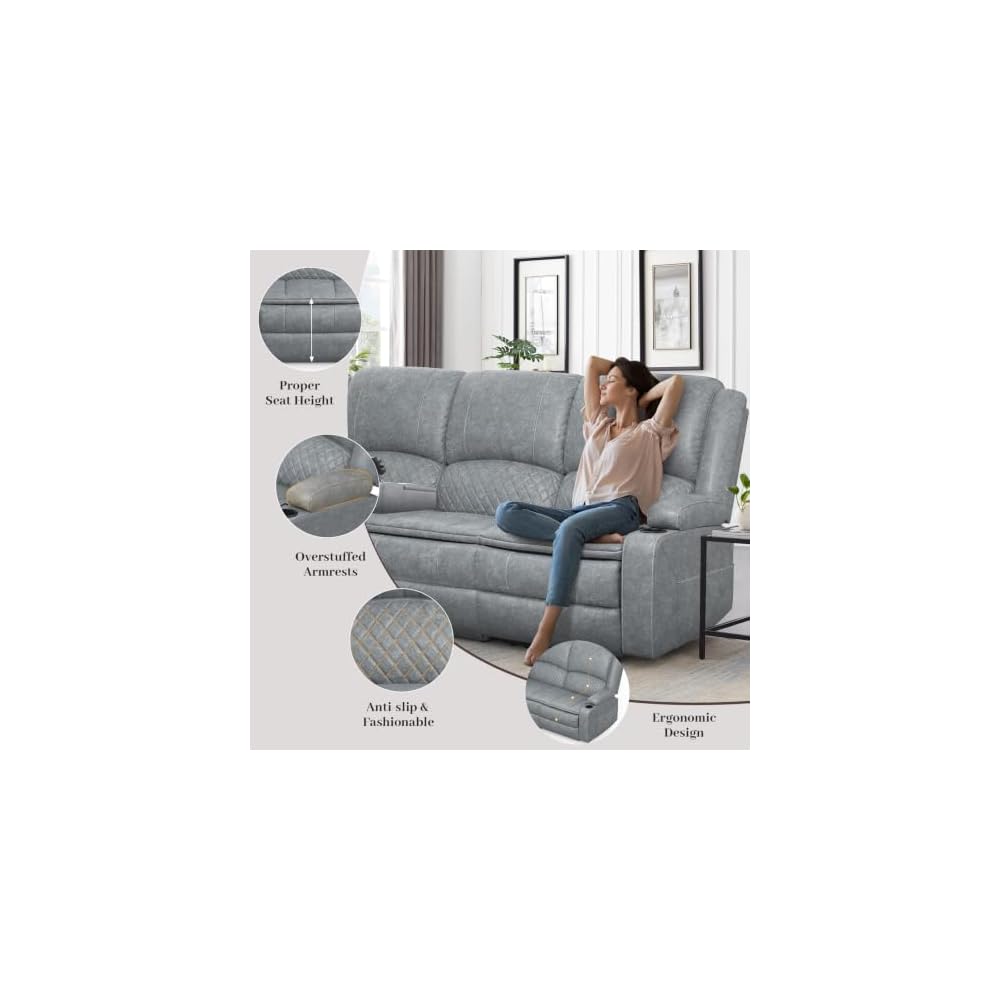 Yolsali 6 Seater Reclining Sofa Set, Modern Living Room Couch Set (Pu,Grey)