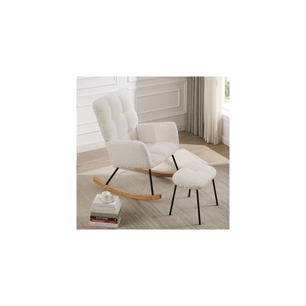 Modern Rocking Chair with High Backrest Armrests Ergonomic Design Lounge Recliner Chair for Living Room Bedroom Playroom Beige with Soft Seat