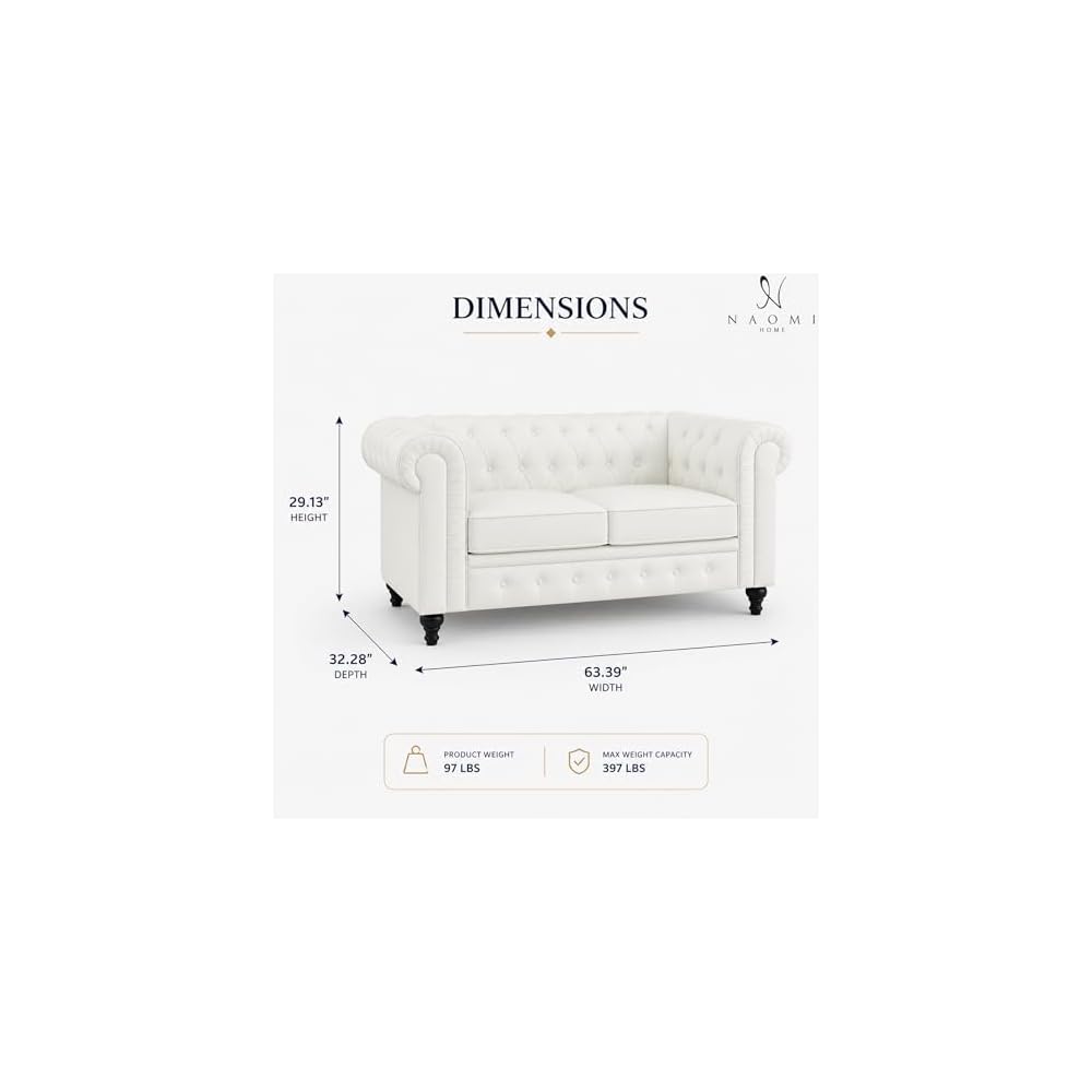 Naomi Home Emery Chesterfield Faux Leather Loveseat, White