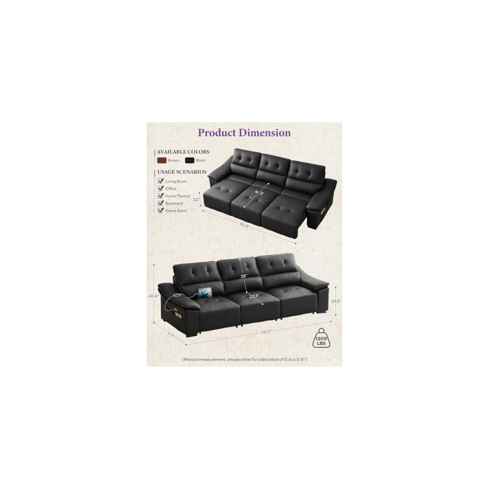 110’’ Electric Leather Recliner Couch, Power Extendable Pull Out Sofa Bed
