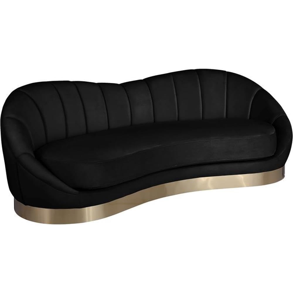 Bowery Hill Upholstered Sofa, Black Velvet with Brushed Gold Stainless Steel Base, 91.5"W x 40" D x 32"H, Unique Shell Shape, Contemporary Design, Comfortable Seating for Living Room or Lounge Spaces