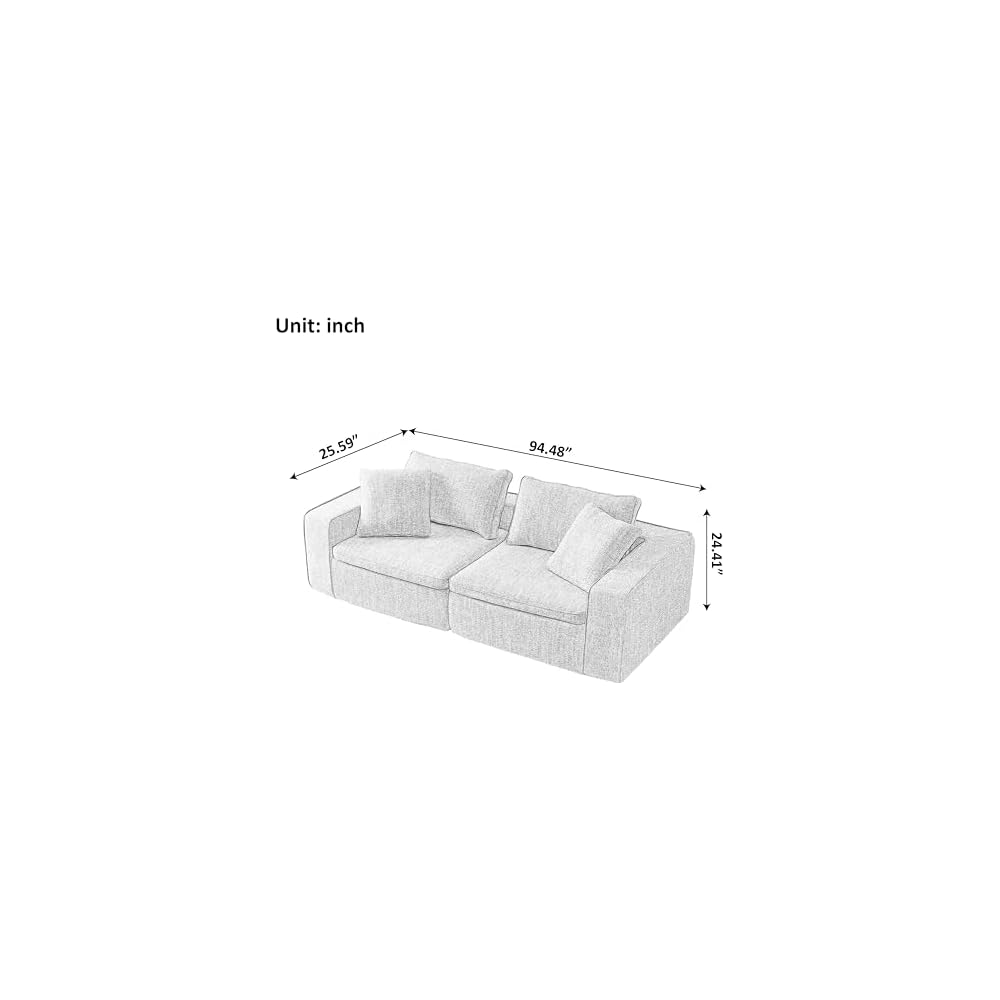 94" Cloud Modular Sofa, Oversized Sectional Couch with Washable Linen Fabric Covers,LoveSeat Deep Seat Sofa with Ottoman, Down Filled Convertible Furniture for Living Room (White, LoveSofa)