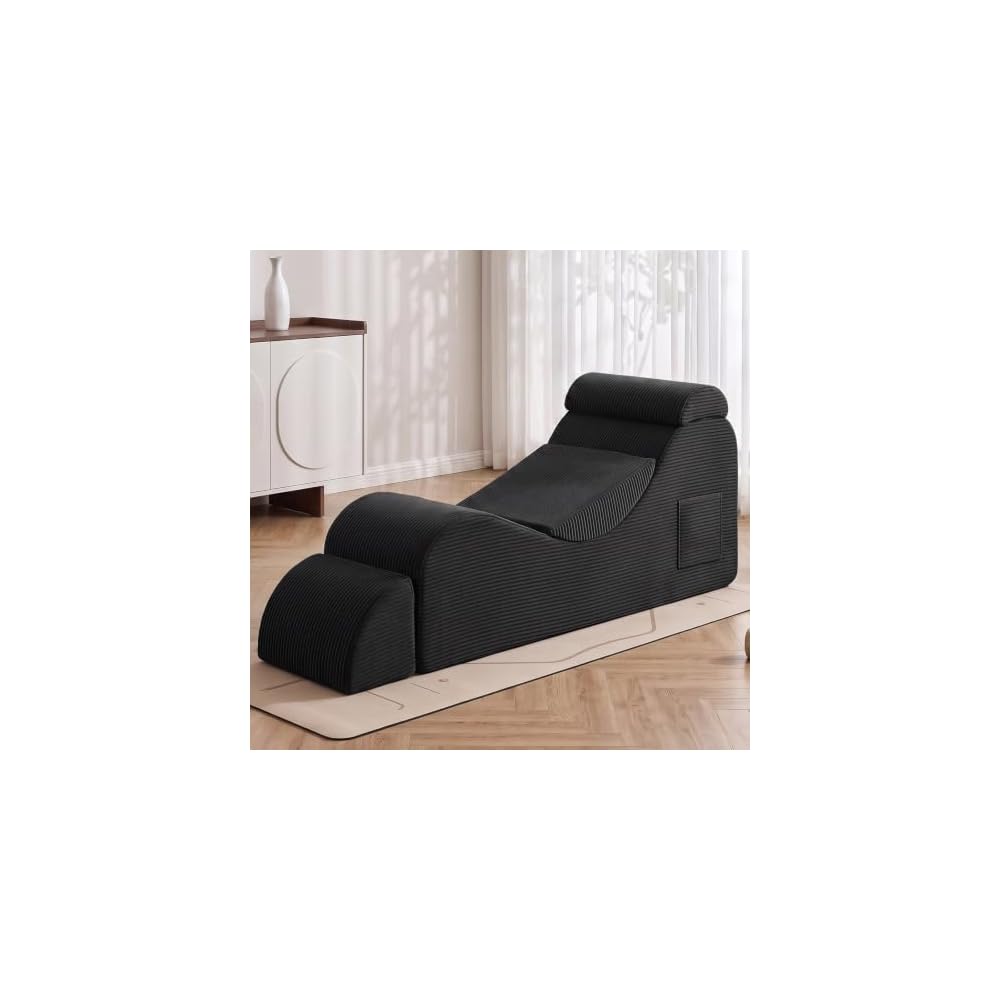 Convertible Yoga Chair for Adults, Ergonomic Lounge Chair Indoor with Side Pocket, Headrest, Waist Pad, Ottoman No Assembly Required(Beige)