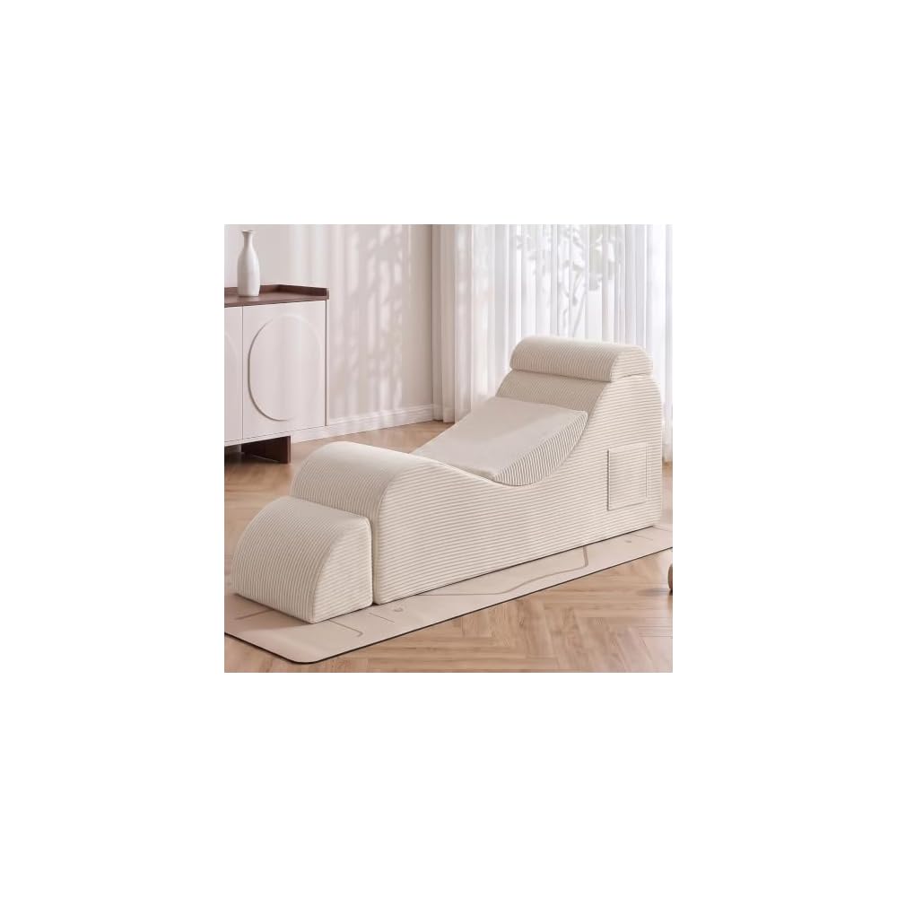 Convertible Yoga Chair for Adults, Ergonomic Lounge Chair Indoor with Side Pocket, Headrest, Waist Pad, Ottoman No Assembly Required(Beige)