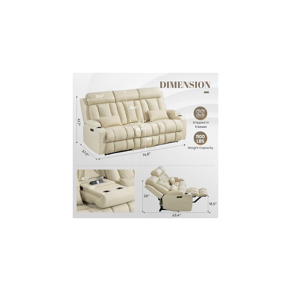 Zero Wall Hugger Power Reclining Sofa with Adjustable Headrest, Electric Reclining Couch with Drop-Down Table,Outlets, Power Loveseat Recliner Sofa for Living Room (PU Beige, 3 Seat)