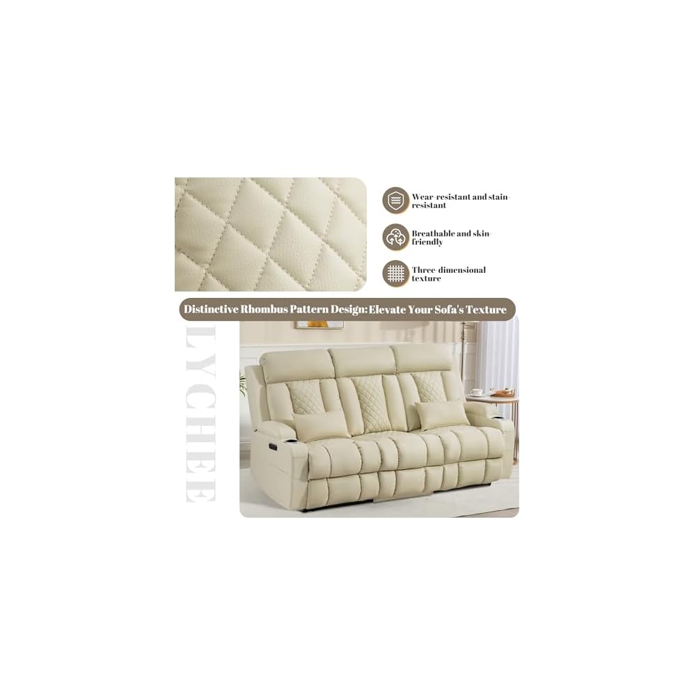 Zero Wall Hugger Power Reclining Sofa with Adjustable Headrest, Electric Reclining Couch with Drop-Down Table,Outlets, Power Loveseat Recliner Sofa for Living Room (PU Beige, 3 Seat)