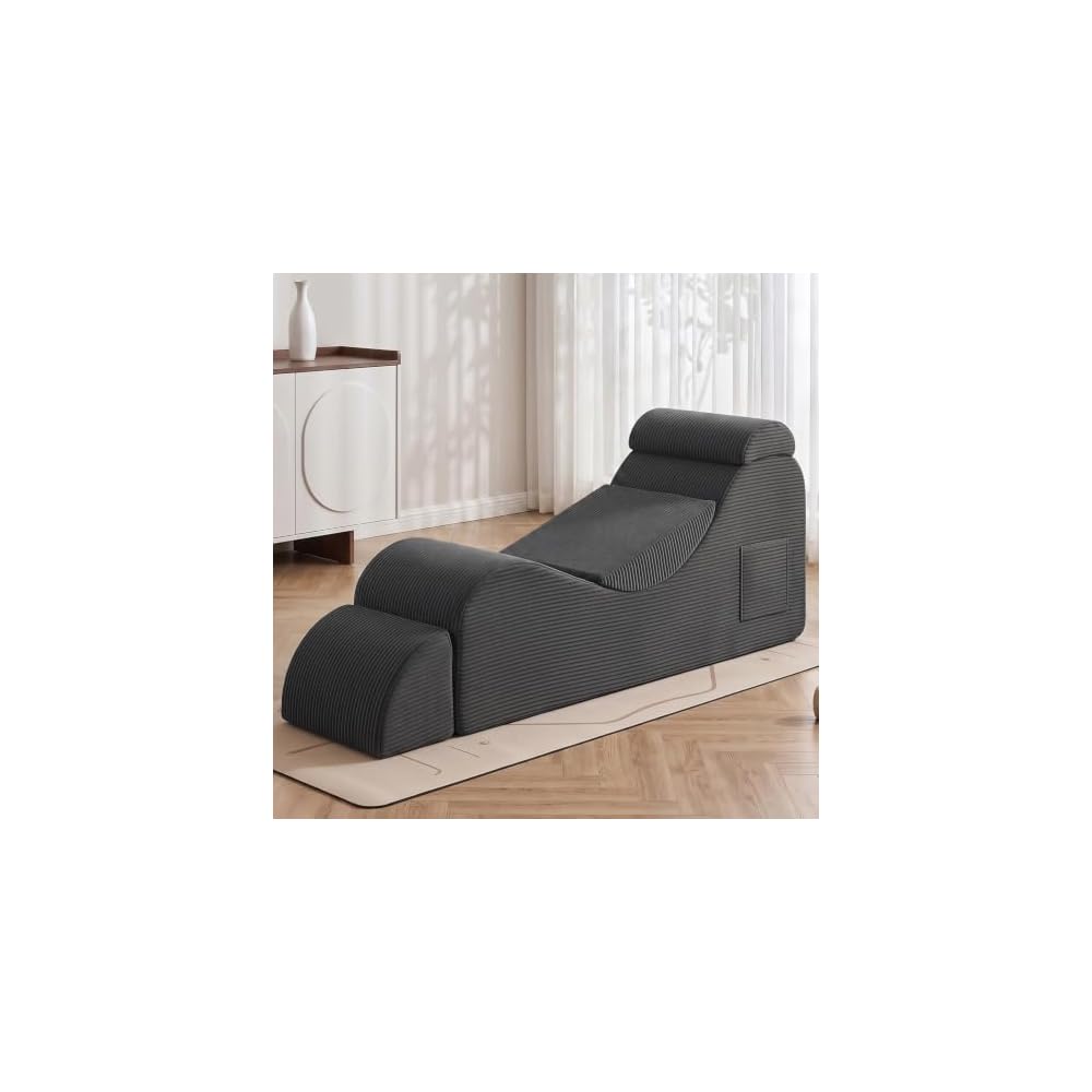 Convertible Yoga Chair for Adults, Ergonomic Lounge Chair Indoor with Side Pocket, Headrest, Waist Pad, Ottoman No Assembly Required(Beige)