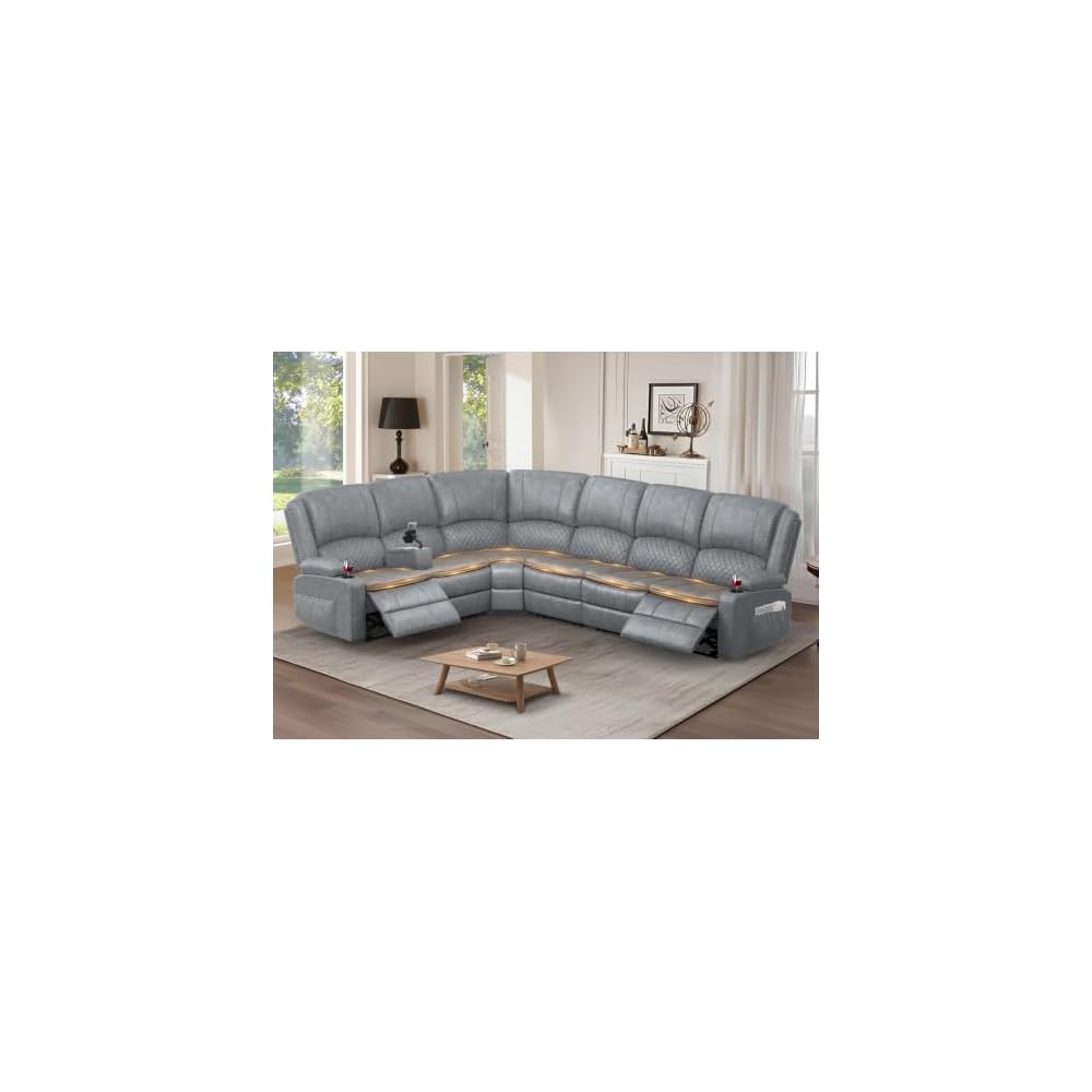 Yolsali 6 Seater Reclining Sofa Set, Modern Living Room Couch Set (Pu,Grey)