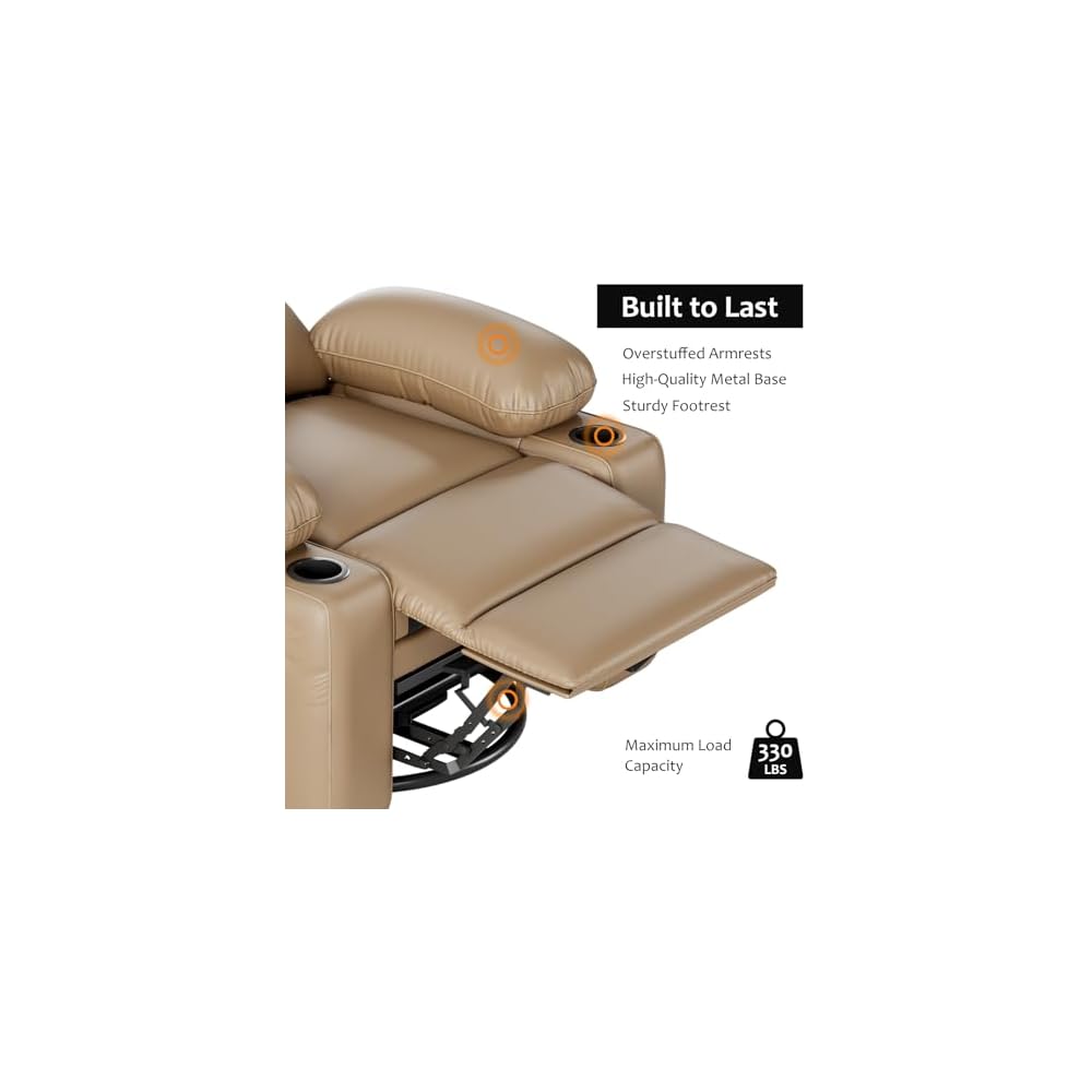 GarveeHome Leather Recliner Chair, Manual Recliner w/Comfortable Arms and Cup Holders for Living Room CF8011 - Khaki, Medium