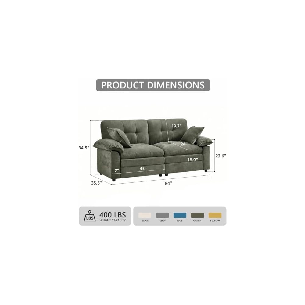 84" Chenille Loveseat Sofa, Deep Seat Cloud Couch for Living Room – 2-Seat Modular Sofa with Pillow Back & Pillow Arms, High-Density Foam Fill, 400 lbs Capacity, Modern Apartment Couch, Green