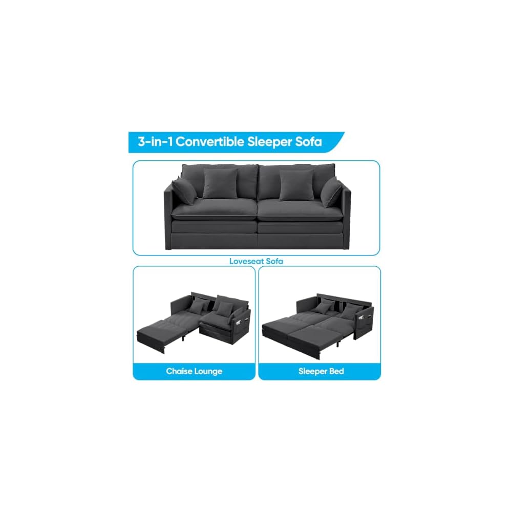 78" W Queen Size Pull Out Sleeper Sofa Bed Couch, 3 in 1 Convertible Sleeper Sofa Beds with Side Pocket, Loveseat Sleepers Pull Out Couch Beds for Living Room Apartment