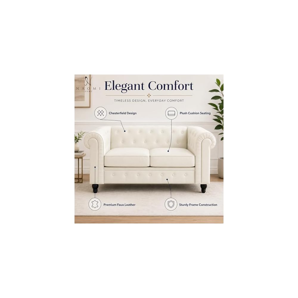 Naomi Home Emery Chesterfield Faux Leather Loveseat, White