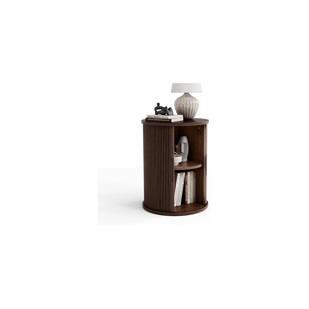 LINSY HOME Round Fluted End Table, Tall Side Table with Sliding Tambour Door and Storage Shelf, Modern Bedside Table, Mid-Century Nightstand for Living Room, Bedroom, Dark Walnut