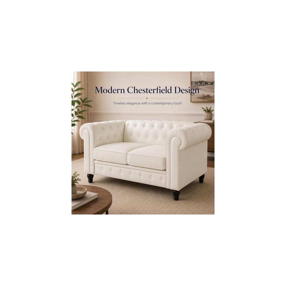 Naomi Home Emery Chesterfield Faux Leather Loveseat, White