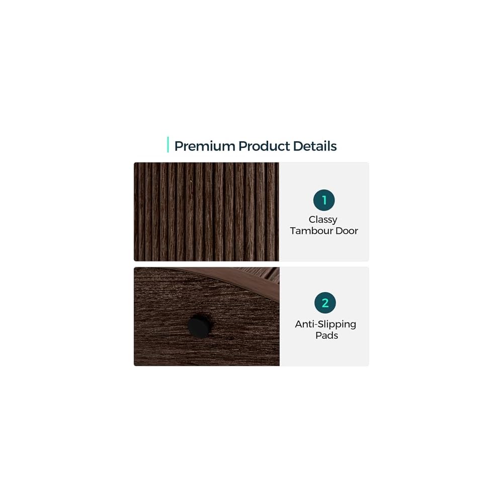 LINSY HOME Round Fluted End Table, Tall Side Table with Sliding Tambour Door and Storage Shelf, Modern Bedside Table, Mid-Century Nightstand for Living Room, Bedroom, Dark Walnut