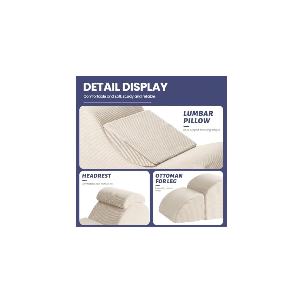 Convertible Yoga Chair for Adults, Ergonomic Lounge Chair Indoor with Side Pocket, Headrest, Waist Pad, Ottoman No Assembly Required(Beige)