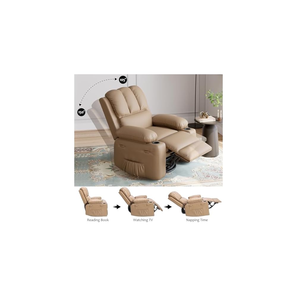 GarveeHome Leather Recliner Chair, Manual Recliner w/Comfortable Arms and Cup Holders for Living Room CF8011 - Khaki, Medium