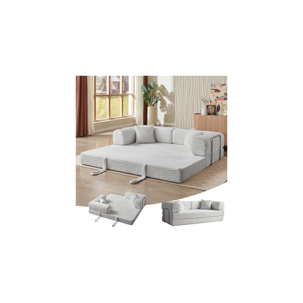 Convertible Folding Sofa Bed,Fold Out Floor Sofa Couch with Fixed-Shape Frame,Corduroy Foldable Mattress Cloud Couch for Living Room Bedroom (Light Gray, 81 Inch)