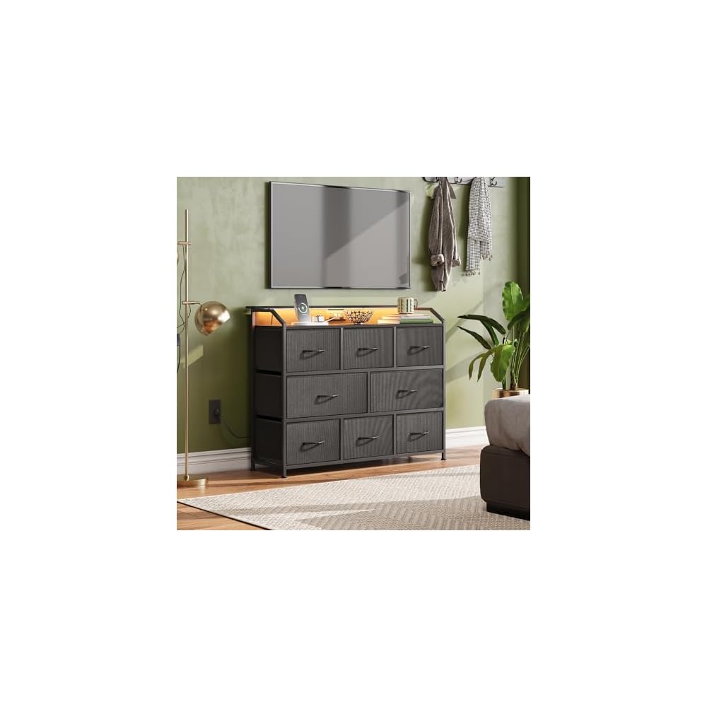 WLIVE Dresser for Bedroom, 8 Drawer LED Dresser with Outlet, Black