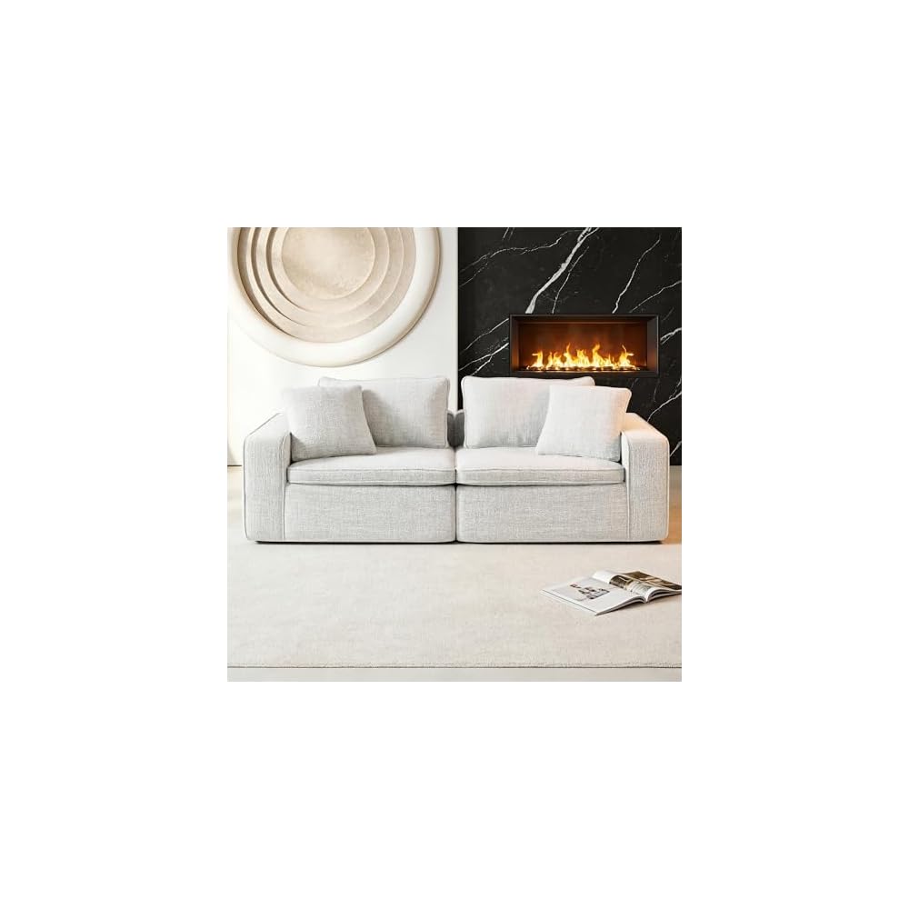 94" Cloud Modular Sofa, Oversized Sectional Couch with Washable Linen Fabric Covers,LoveSeat Deep Seat Sofa with Ottoman, Down Filled Convertible Furniture for Living Room (White, LoveSofa)