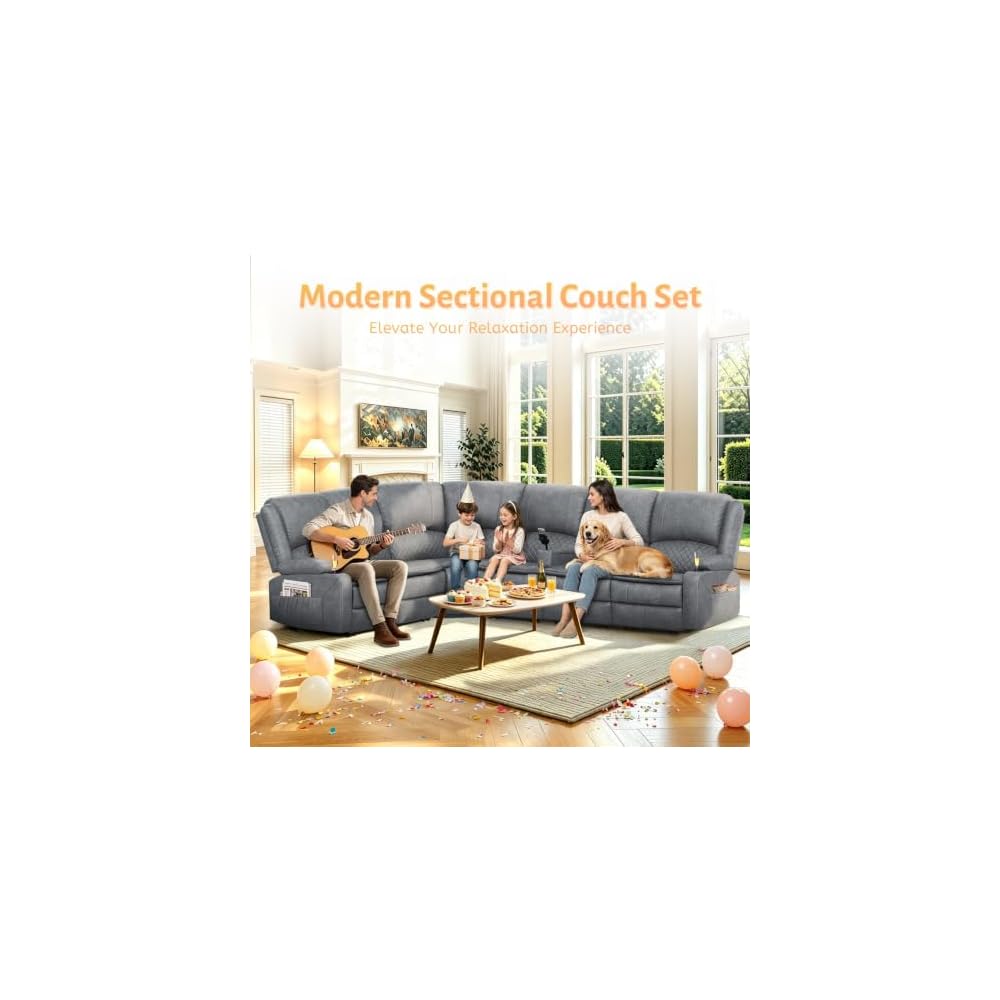 Yolsali 6 Seater Reclining Sofa Set, Modern Living Room Couch Set (Pu,Grey)