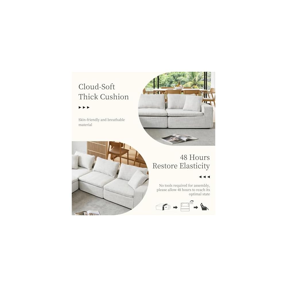 94" Cloud Modular Sofa, Oversized Sectional Couch with Washable Linen Fabric Covers,LoveSeat Deep Seat Sofa with Ottoman, Down Filled Convertible Furniture for Living Room (White, LoveSofa)