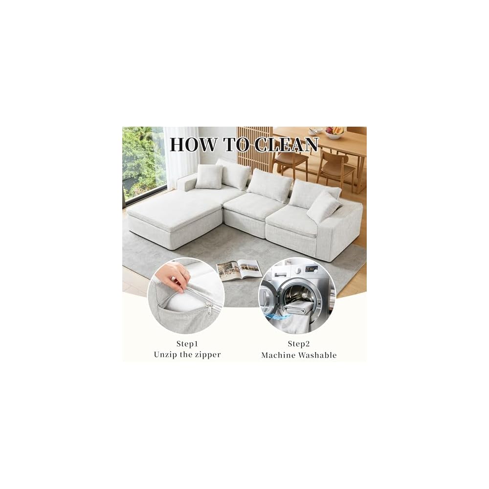 94" Cloud Modular Sofa, Oversized Sectional Couch with Washable Linen Fabric Covers,LoveSeat Deep Seat Sofa with Ottoman, Down Filled Convertible Furniture for Living Room (White, LoveSofa)