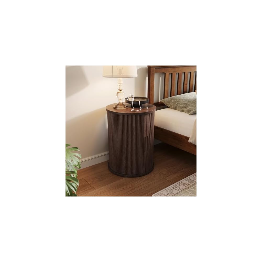 LINSY HOME Round Fluted End Table, Tall Side Table with Sliding Tambour Door and Storage Shelf, Modern Bedside Table, Mid-Century Nightstand for Living Room, Bedroom, Dark Walnut