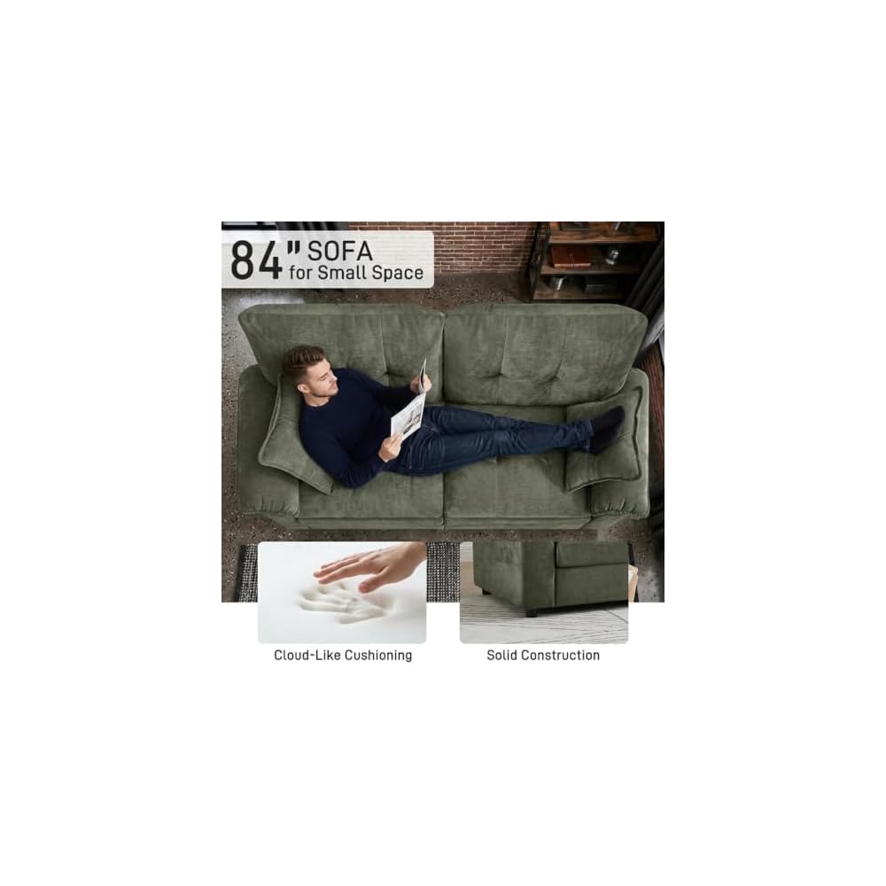 84" Chenille Loveseat Sofa, Deep Seat Cloud Couch for Living Room – 2-Seat Modular Sofa with Pillow Back & Pillow Arms, High-Density Foam Fill, 400 lbs Capacity, Modern Apartment Couch, Green
